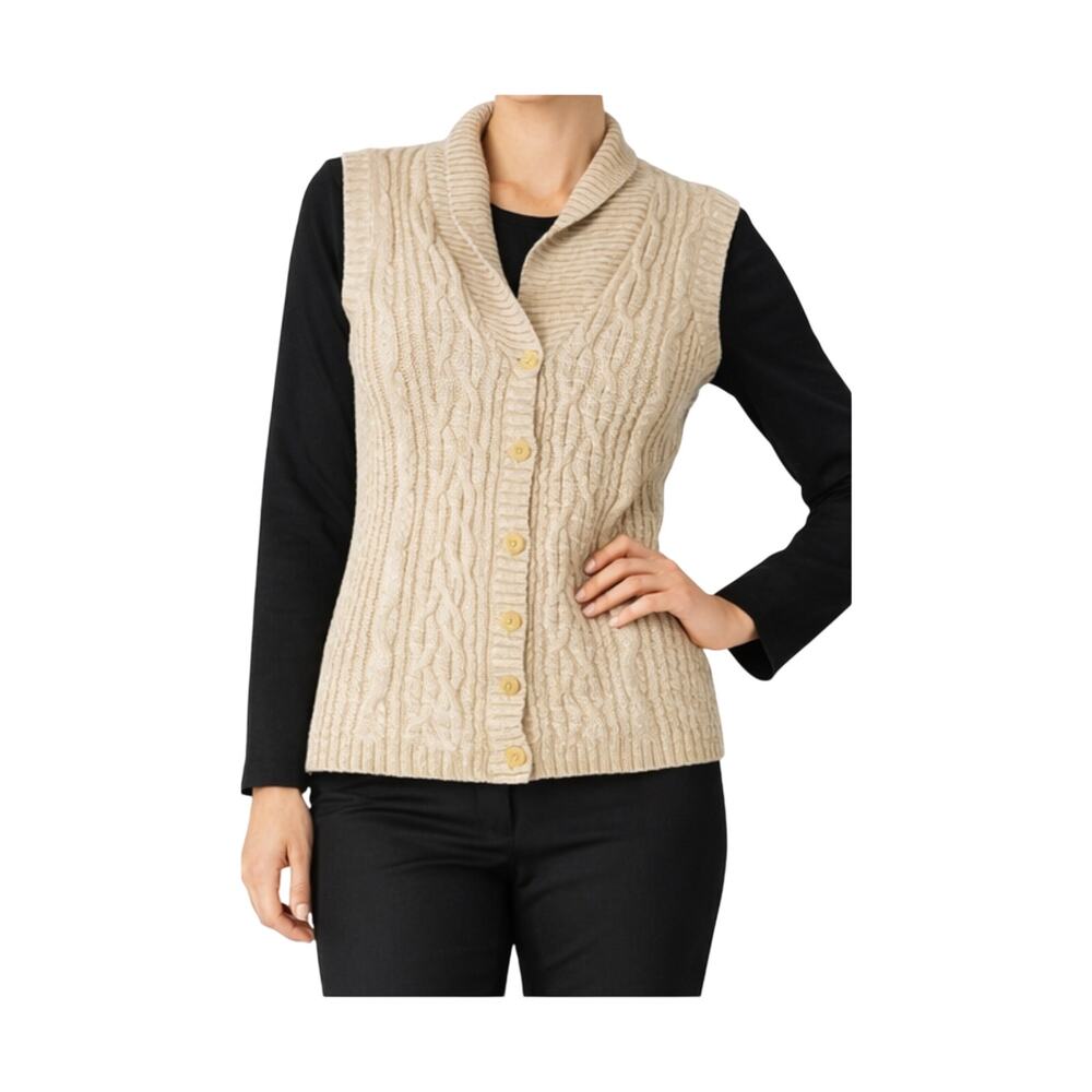 Woolrich Sweater Vest Womens L Tan Cable Knit Ramie Cotton Button Up Vintage Y2K